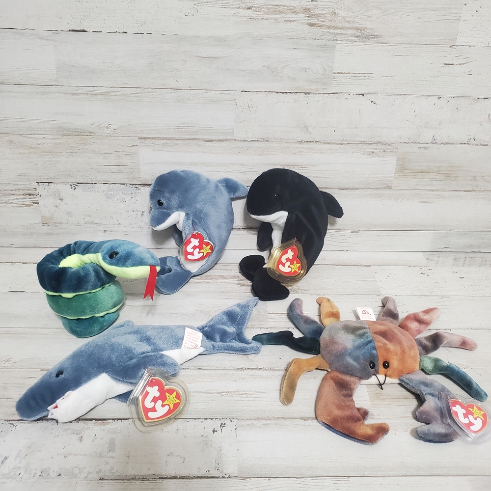 TY Beanie Babies Marine Lot Of 5 - Vintage 1990's Echo,Waves,Crunch,Claude,Hissy